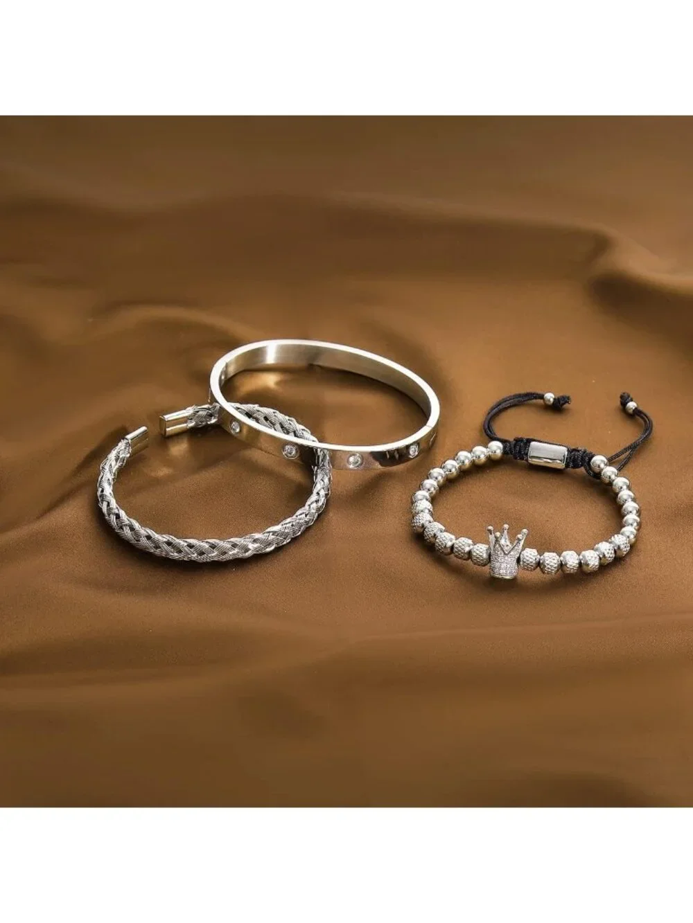 3PCS Gold Stainless Steel Crown Bracelets for Men - Adjustable Roman Numeral